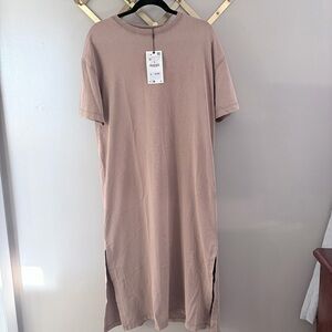 NWT Zara Taupe Midi T-Shirt Dress Side Slit Medium Minimalist Elevated Basic